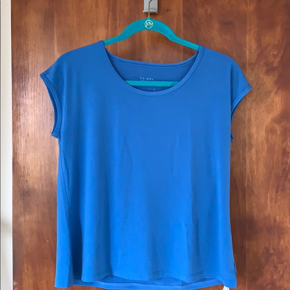 Susan Graver tee in liquid knit in blue.